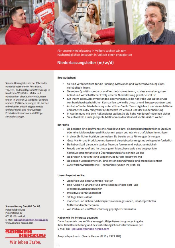 Stellenanzeige Niederlassungsleiter Velbert